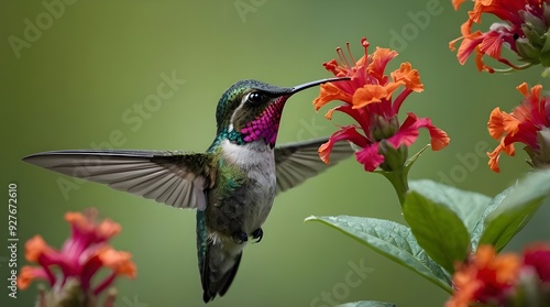 Very colorful agile hummingbird, Golden-bellied Starfrontlet, Coeligena bonapartei, female feeding on orange flowers against abstract green background. Chicaque Natural Park, Colombia.
 photo