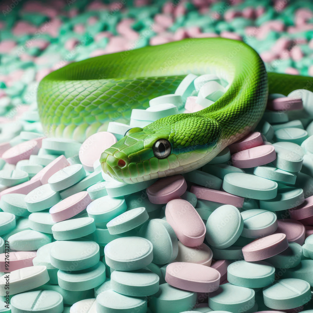 Obraz premium A vibrant green snake resting on a pile of pastel-colored tablets, creating a striking contrast between the natural reptile and synthetic pills, evoking themes of danger and caution.