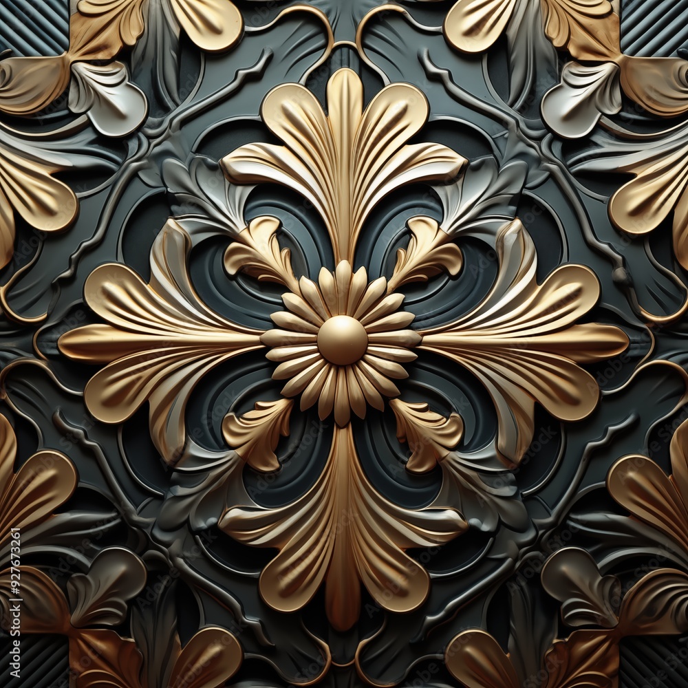 An intricate, embossed floral art deco design featuring golden and dark green elements. The pattern showcases ornate leaves and a central flower, creating a luxurious and elegant appearance. An intricate, embossed floral art deco design featuring golden and dark green elements. The pattern showcases ornate leaves and a central flower, creating a luxurious and elegant appearance.
