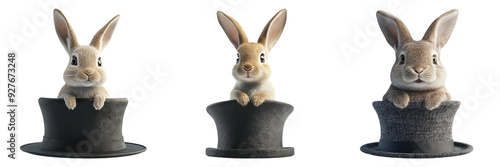 Magician hats with rabbits showing magic tricks isolated on transparent background