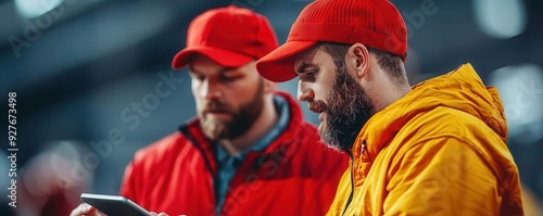 Coach and assistant reviewing play strategy on a sideline tablet, surrounded by game action, American Football, modern technology in strategy