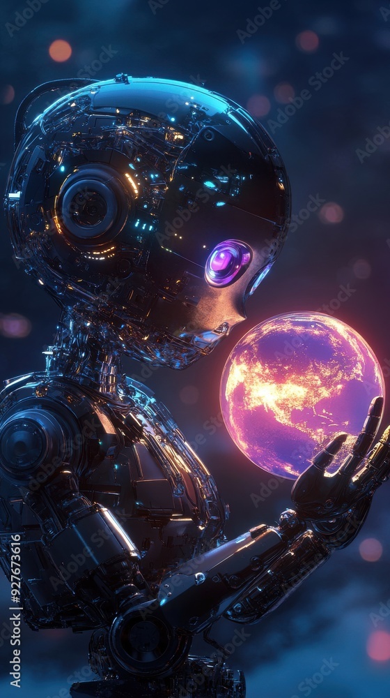 A robot is holding a glowing orb in its hand A robot is holding a glowing orb in its hand