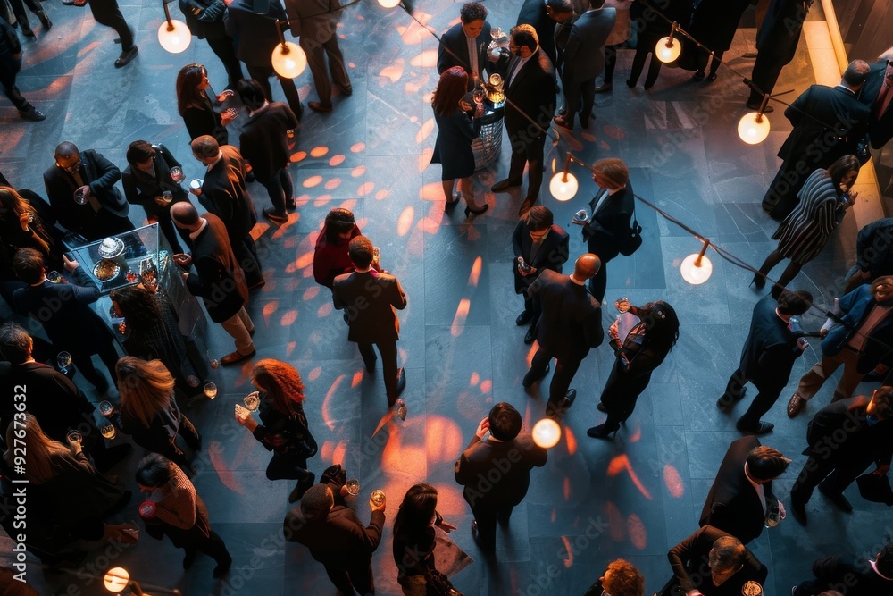 A dynamic image featuring London's best nightlife locations, emphasizing popular bars, clubs, and evening entertainment options, A corporate event with people networking and mingling. AI generated