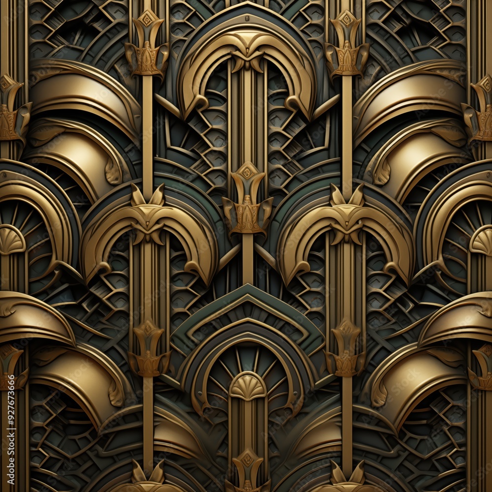 An intricate, ornate wall panel art deco design featuring gold and dark tones, with a repeating pattern of arches and floral motifs. The texture is rich and detailed, showcasing. An intricate, ornate wall panel art deco design featuring gold and dark tones, with a repeating pattern of arches and floral motifs. The texture is rich and detailed, showcasing.
