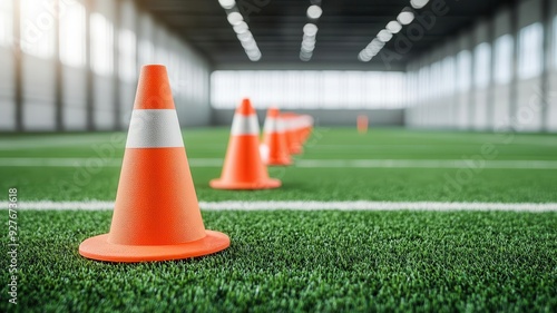 Football practice field with cones and markers set up for a complex drill, American Football, strategy training