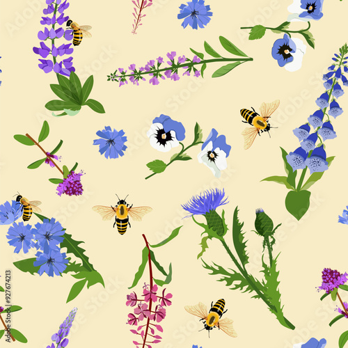 Excellent seamless pattern with thistle, lupine, digitalis, pansies and bees on beige background. For decoration textile, packaging. Vector illustration.