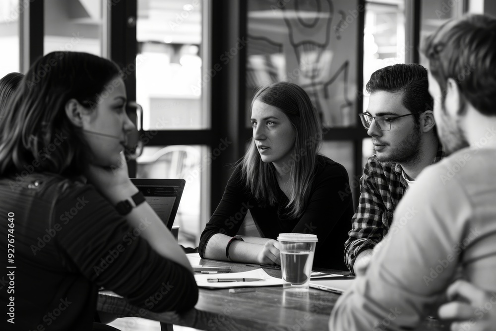 Four professionals around a table, utilizing laptops for a meeting, emphasizing teamwork and shared ideas, A group of colleagues discussing ideas around a table. AI generated Four professionals around a table, utilizing laptops for a meeting, emphasizing teamwork and shared ideas, A group of colleagues discussing ideas around a table. AI generated