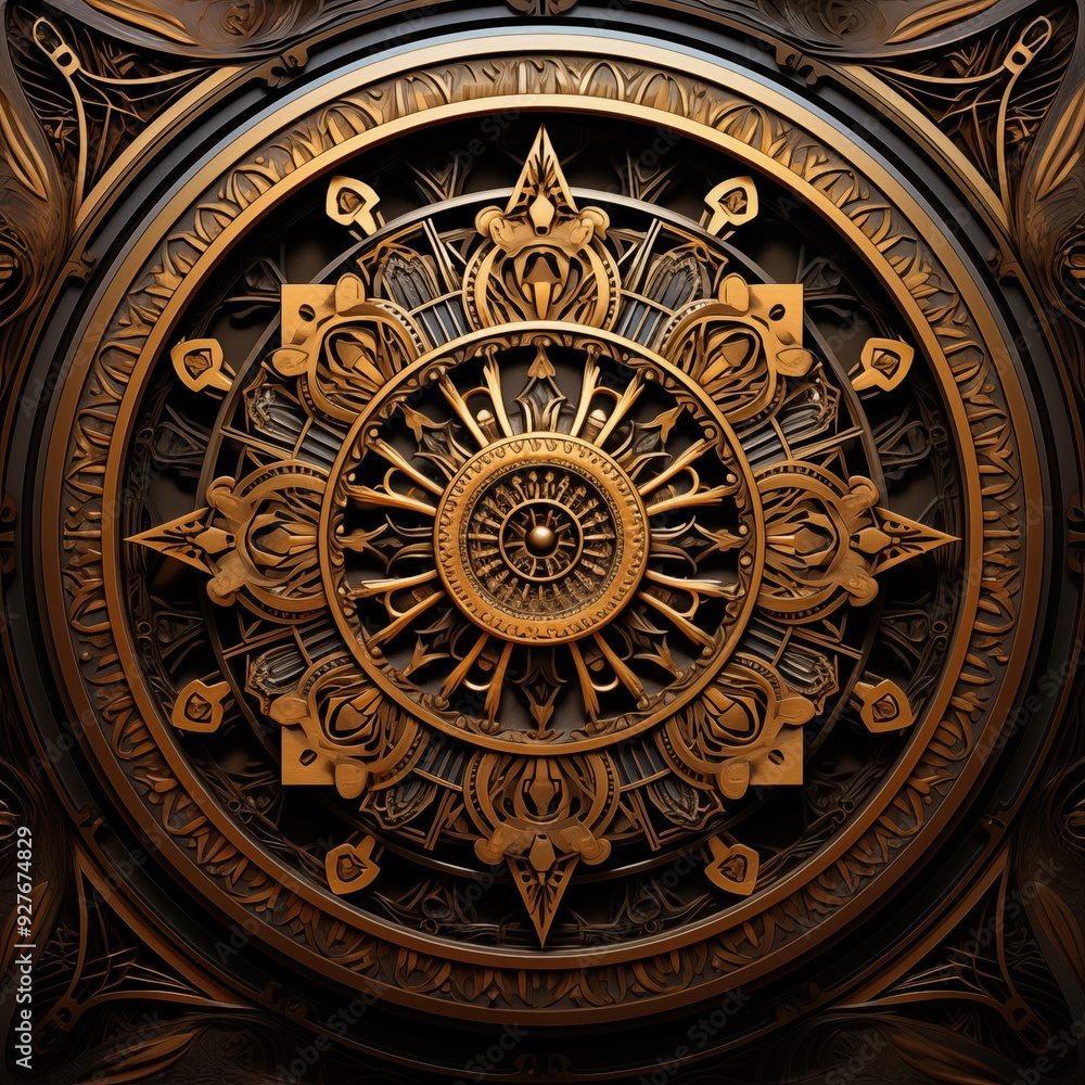 Art deco mandala. Intricate circular design featuring ornate patterns and textures in gold and black, resembling a decorative mandala or compass rose. Art deco mandala. Intricate circular design featuring ornate patterns and textures in gold and black, resembling a decorative mandala or compass rose.