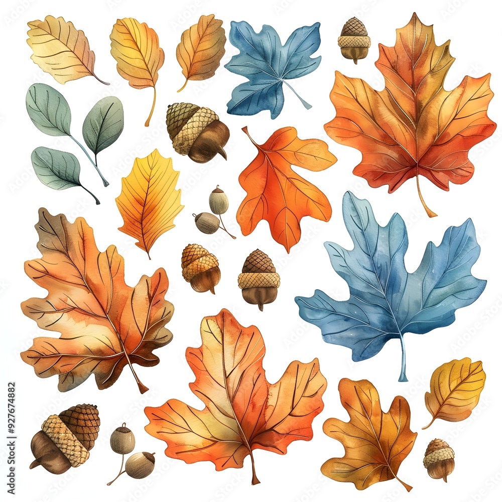 Fototapeta premium Vibrant Autumn Watercolor Oak Leaf and Acorn Collection on White Background