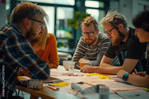 A diverse group of four individuals at a table, each with a laptop, engaged in a productive discussion, A group of colleagues discussing ideas around a table. AI generated