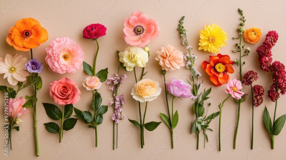 A variety of flowers arranged in a flat lay composition on a beige background, emphasizing the contrast between the vibrant colors and the neutral backdrop. A variety of flowers arranged in a flat lay composition on a beige background, emphasizing the contrast between the vibrant colors and the neutral backdrop.