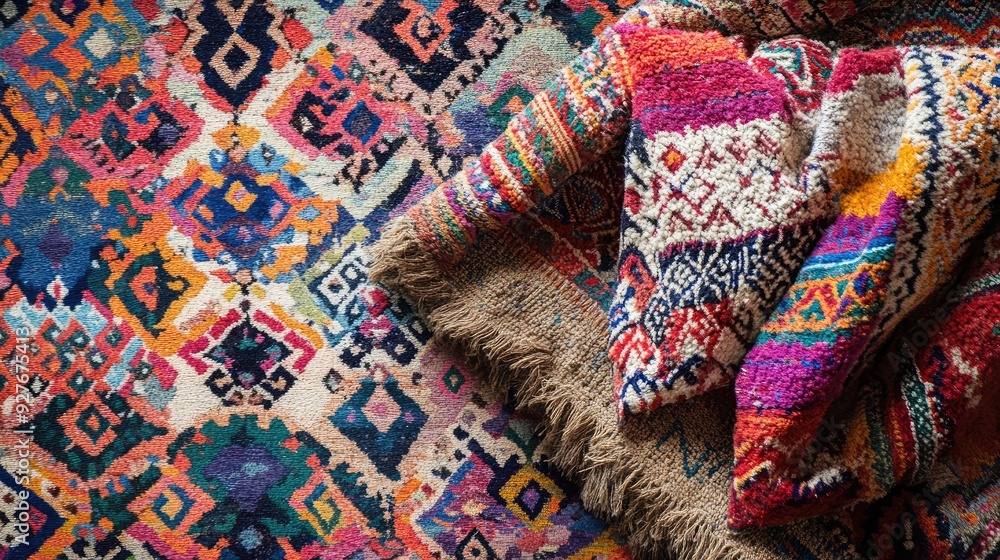 A vibrant Moroccan Berber carpet with intricate patterns and rich colors, providing a textured and cultural backdrop. A vibrant Moroccan Berber carpet with intricate patterns and rich colors, providing a textured and cultural backdrop.