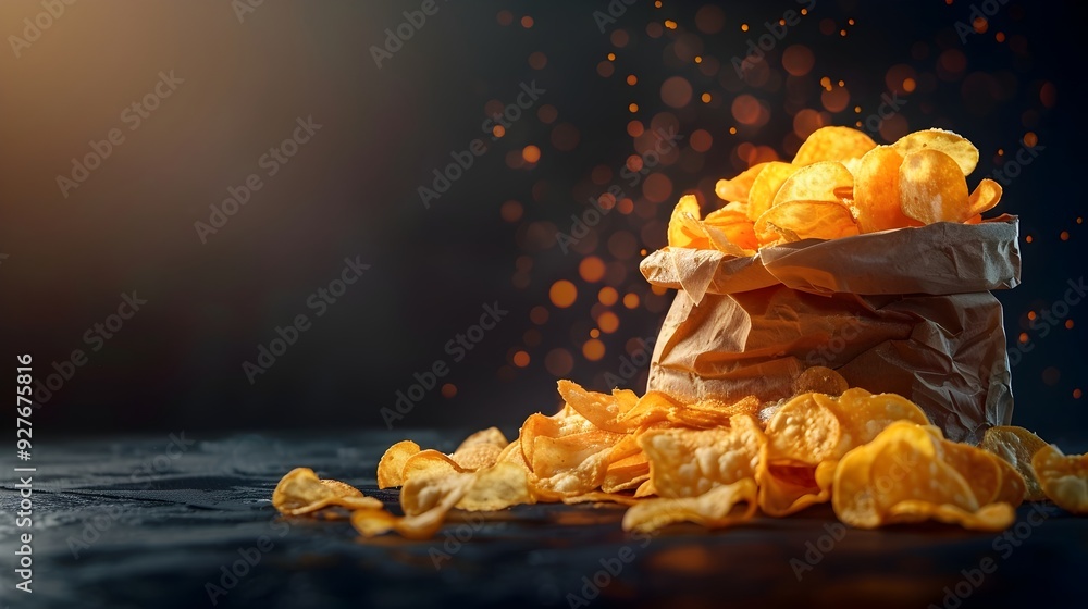 Glowing Bag of Potato Chips Spilling Out Against Dark Background Junk Food Concept with Copy Space Glowing Bag of Potato Chips Spilling Out Against Dark Background Junk Food Concept with Copy Space