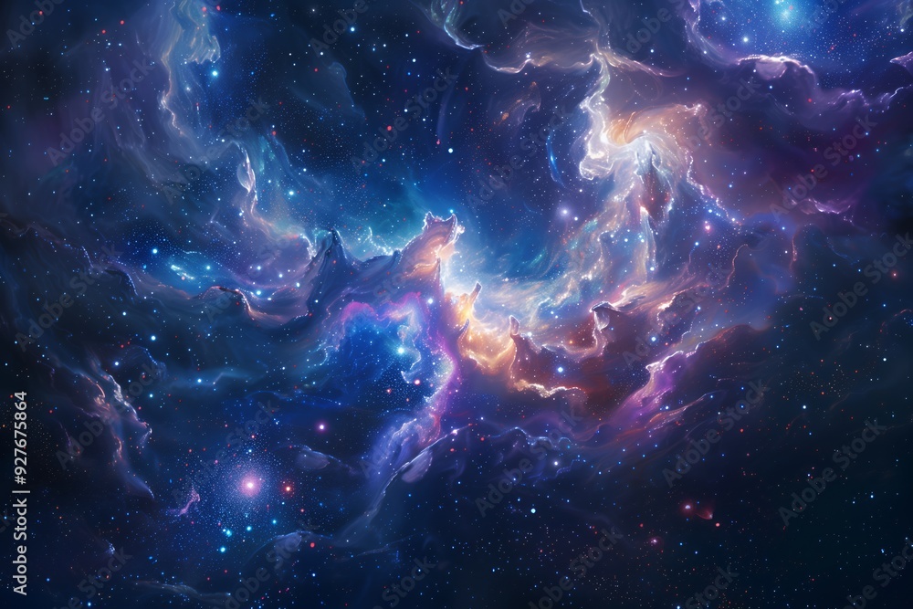 A stunning view of a star-filled nebula with swirling clouds of gas and dust. A stunning view of a star-filled nebula with swirling clouds of gas and dust.