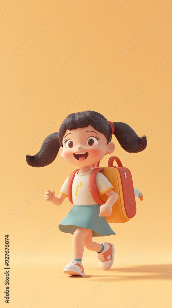 A little girl is carrying a schoolbag running happily, isolated on a orange background A little girl is carrying a schoolbag running happily, isolated on a orange background
