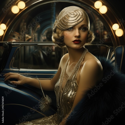 A glamorous woman in a art deco vintage car, wearing a gold sequined dress and a stylish hat. She has elegant pearls around her neck and a fur stole draped over. photo