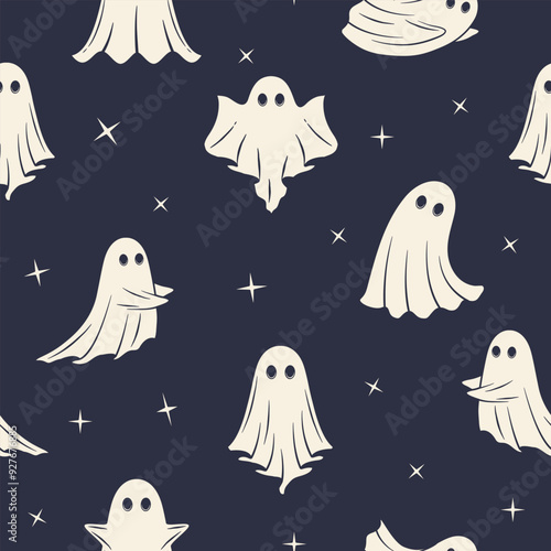 Halloween Background. Ghost seamless pattern. Vintage ghosts isolated on white background. Vector illustration