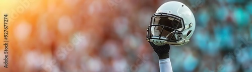 Football player lifting helmet to the crowd in celebration flat design front view post-game glory water color vivid
