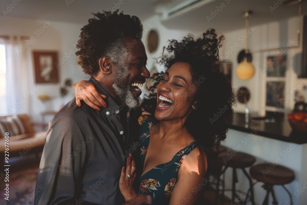 Fototapeta premium A man and woman are affectionately embracing in front of a bookcase, highlighting their emotional connection and shared passions, A married couple laughing together as they dance in their living room.