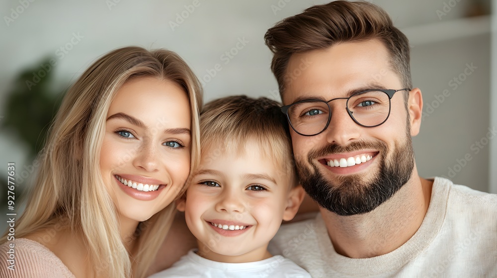 A joyful family portrait featuring a mother, father, and son smiling together in a bright, modern setting. A joyful family portrait featuring a mother, father, and son smiling together in a bright, modern setting.