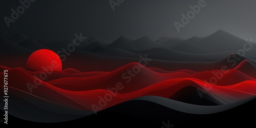 Abstract red sun setting over black, flowing hills.