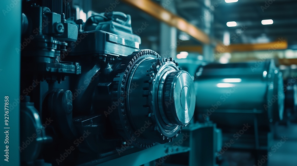 Close-up of a large industrial machine gear in a factory with a blurred background. Close-up of a large industrial machine gear in a factory with a blurred background.