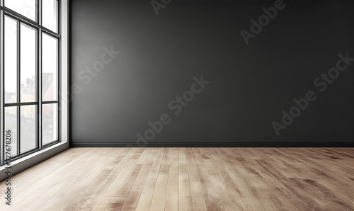 Empty minimalistic dark blank room for design. Empty template for interior product. Empty interior with black walls and wooden floor. 