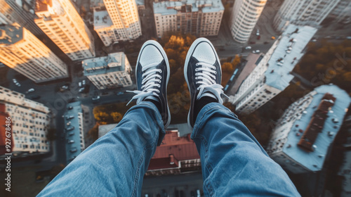 POV, Person legs dangling over city with tall buildings seen from above