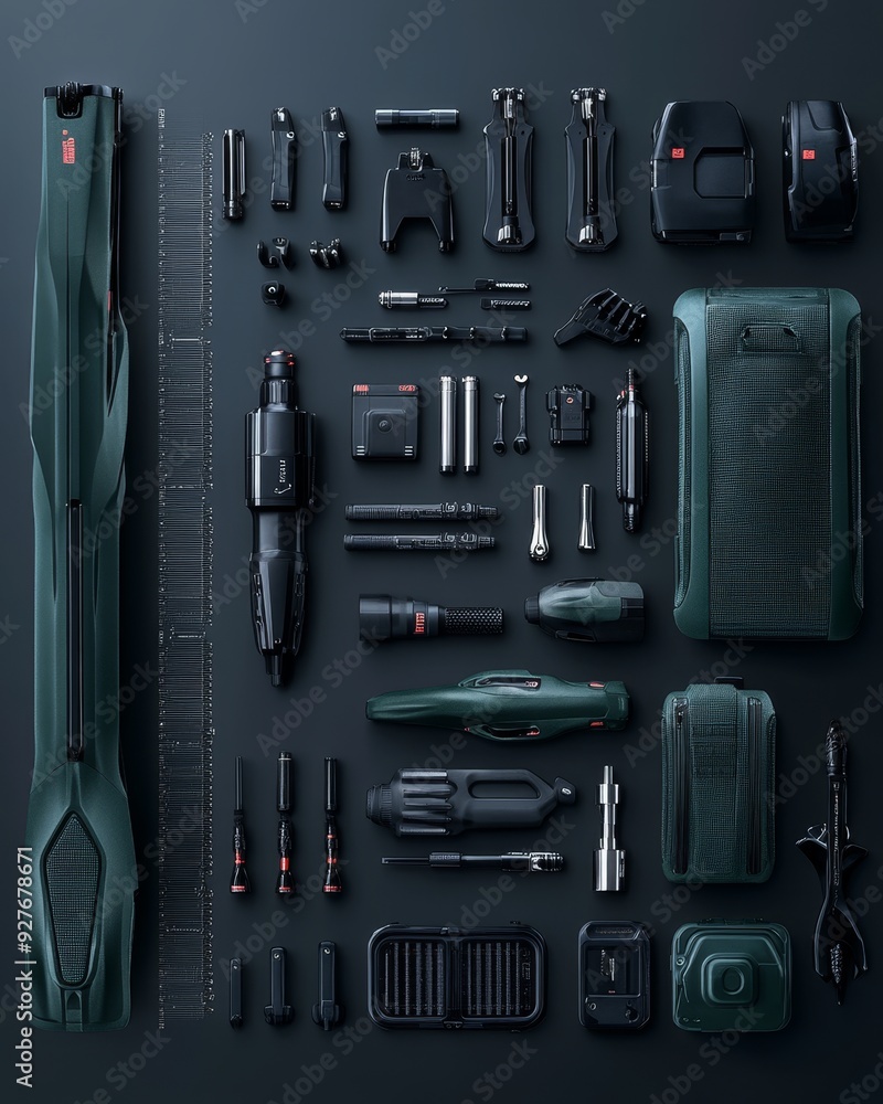 High-tech tools and equipment neatly arranged on black surface. High-tech tools and equipment neatly arranged on black surface.