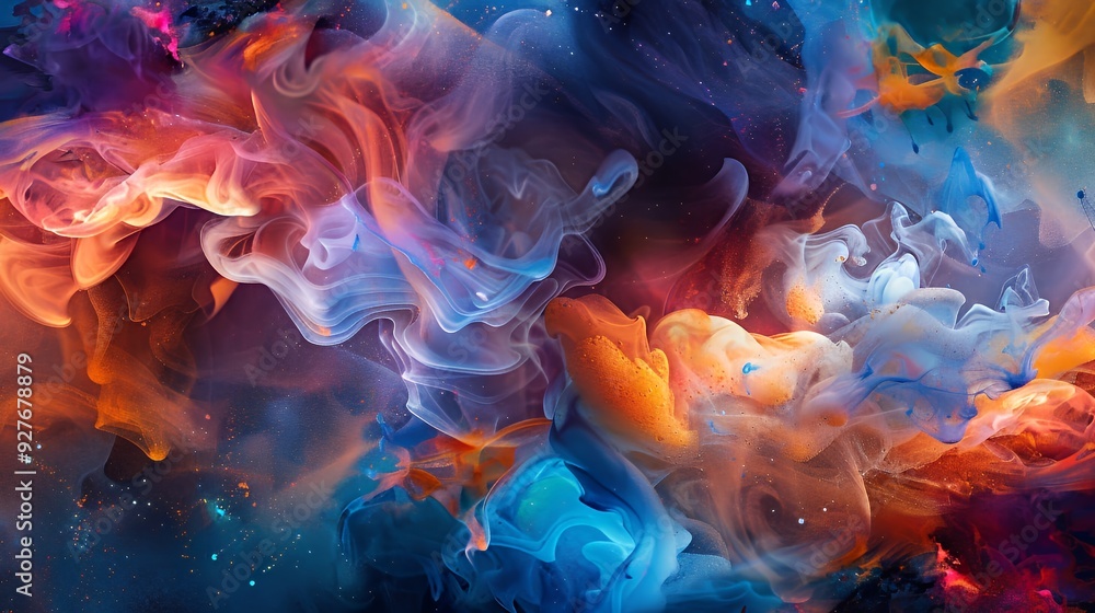 Abstract swirls of blue, orange, and white paint against a dark background. Abstract swirls of blue, orange, and white paint against a dark background.