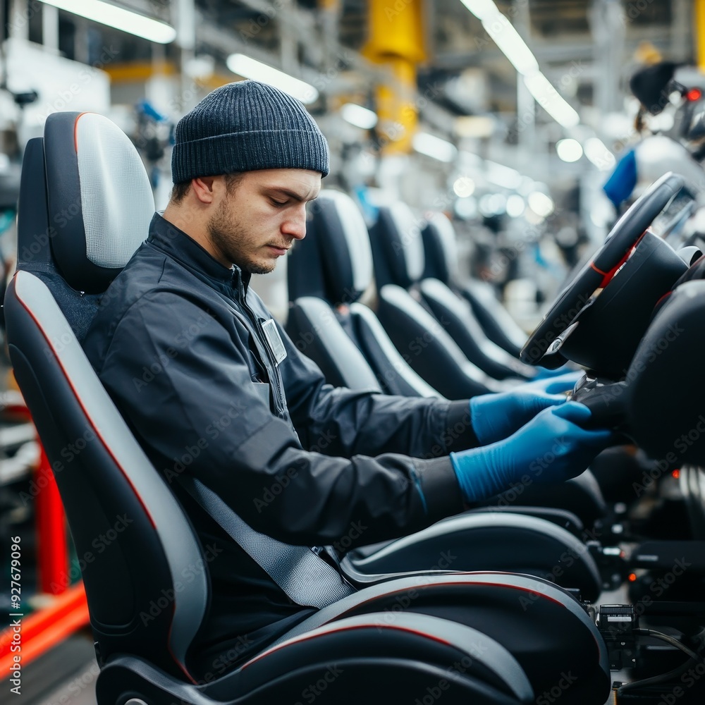 Worker in winter hat examining car interior on assembly line in modern factory. Worker in winter hat examining car interior on assembly line in modern factory.