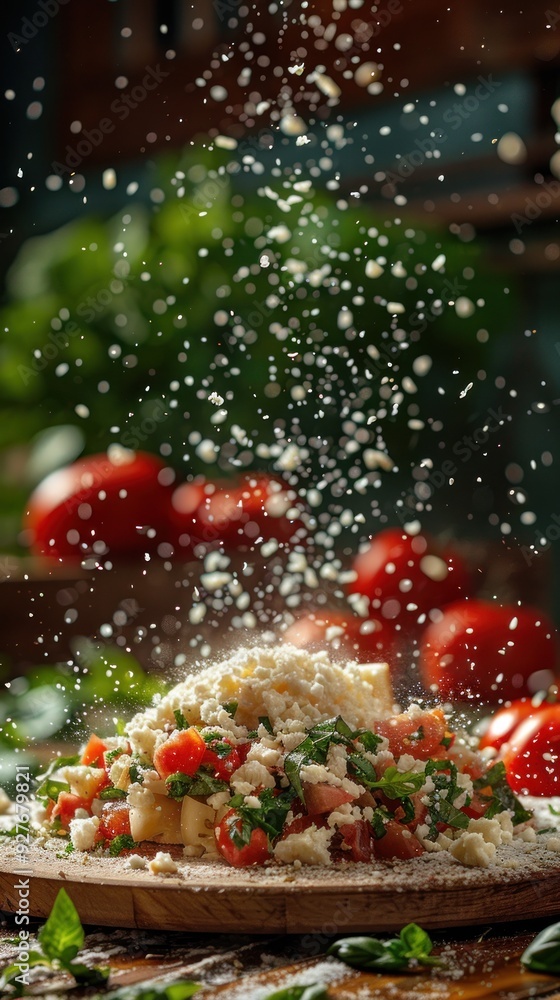 Fresh tomato and feta salad with herbs, sprinkled with cheese. Fresh tomato and feta salad with herbs, sprinkled with cheese.