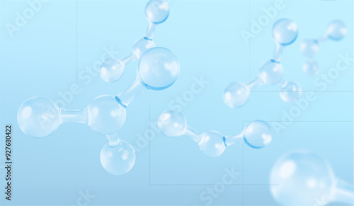 3D glass molecules or atoms on light blue background. Concept of biochemical, pharmaceutical, beauty, medical. Science or medical. Vector 3d illustration