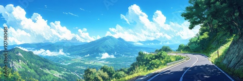 Summer Sizzle on Akagi's Winding Roads: anime-style Enchanted Mountain Pass Celebrating the Thrill of Racing Culture,Anime-Style,illustration,Picture BooksFor Poster,Novel,UI,WEB,Game,Design photo