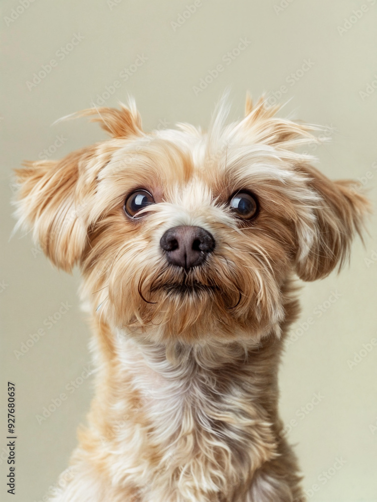 A small dog with a curious and somewhat sad expression. The dog is brown with a white muzzle. A small dog with a curious and somewhat sad expression. The dog is brown with a white muzzle.
