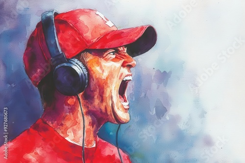 Football coach yelling into a headset during a tense moment in the game American Football, game, intense coaching
