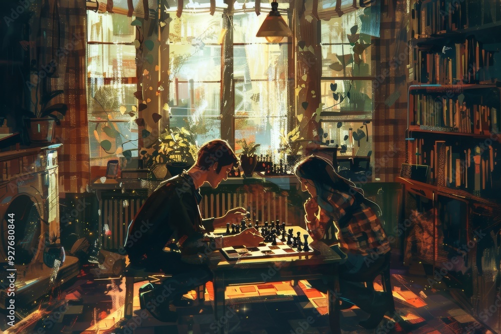 A couple playing chess together in a comfortable living room, showcasing a moment of strategy and companionship, A married duo playing a game of chess together in a sunlit room. AI generated