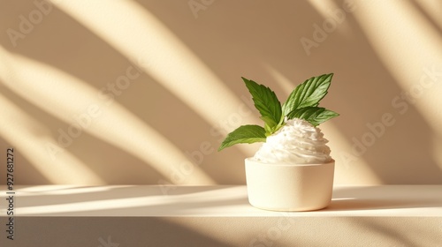 Whipped Cream with Mint Leaves in a White Bowl.