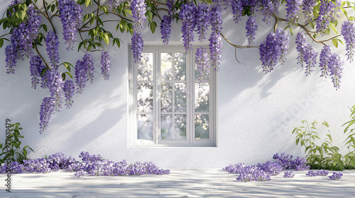 purple flowers against white wall with elegant white wooden window
