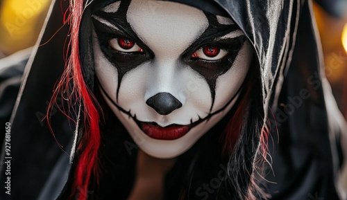 beautiful woman with a black and white face paint for halloween