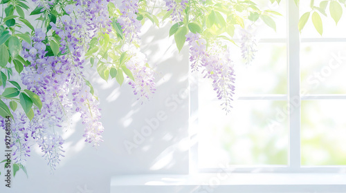 purple flowers against white wall with elegant white wooden window