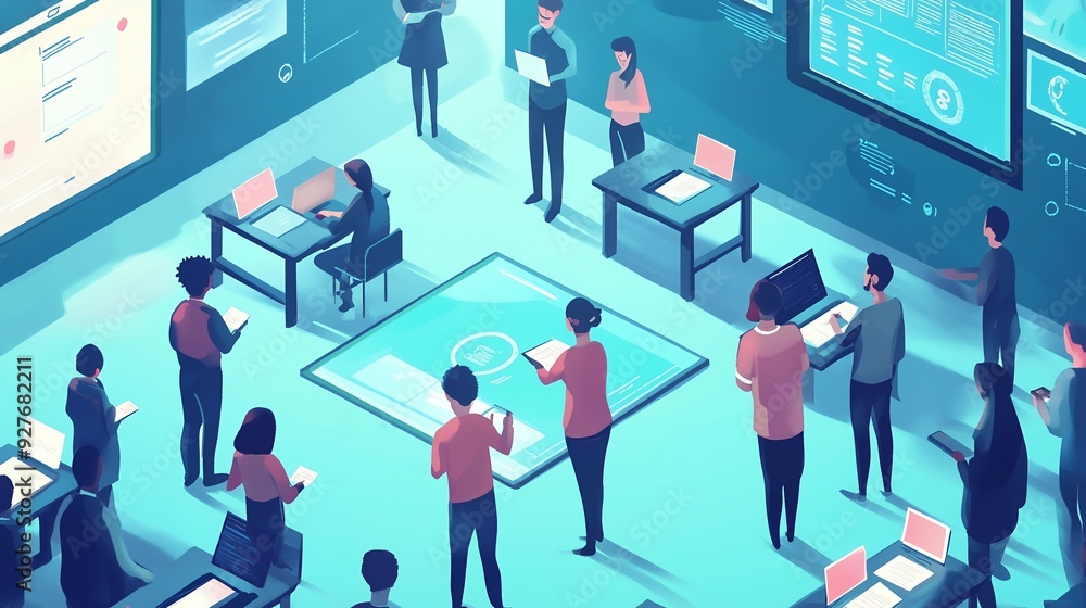 A group of people in a modern office setting are collaborating and working on laptops and tablets. A group of people in a modern office setting are collaborating and working on laptops and tablets.