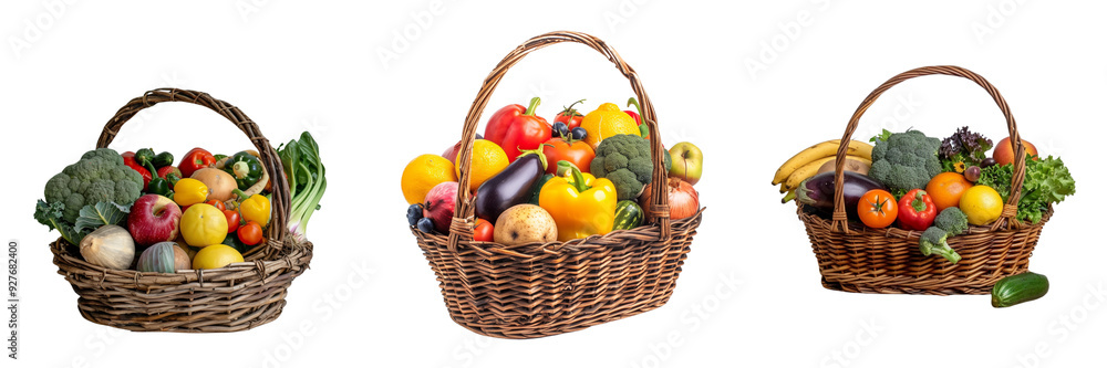 Collage of Assorted organic vegetables and fruits in a wicker basket on a rustic wooden table, isolated on a transparent background Collage of Assorted organic vegetables and fruits in a wicker basket on a rustic wooden table, isolated on a transparent background