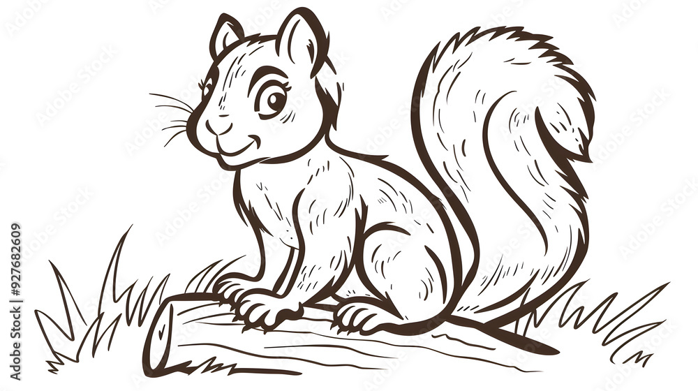 Obraz premium Black and white illustration of a squirrel perched on a tree branch surrounded by leaves. Adorable cartoon-style drawing, perfect for coloring books and nature-themed children's art.