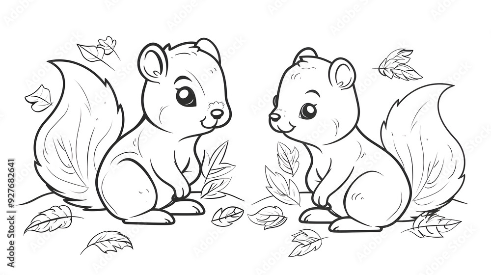 Obraz premium Black and white illustration of two cute squirrels surrounded by scattered leaves. Perfect for children's coloring books or nature-themed art projects.