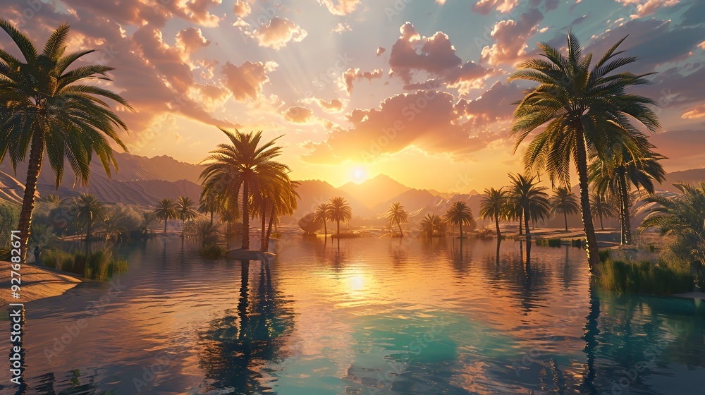 Peaceful sunset over a calm lake with palm trees reflecting in the water. Peaceful sunset over a calm lake with palm trees reflecting in the water.