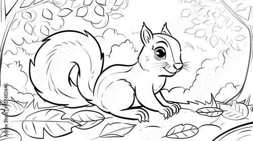 Black and white illustration of a squirrel perched on a tree branch, surrounded by leaves. Playful and charming cartoon-style drawing, perfect for children's coloring books. photo