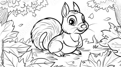  Black and white illustration of a squirrel sitting on a tree branch surrounded by leaves. Cute cartoon-style artwork, ideal for coloring books or children's art activities.