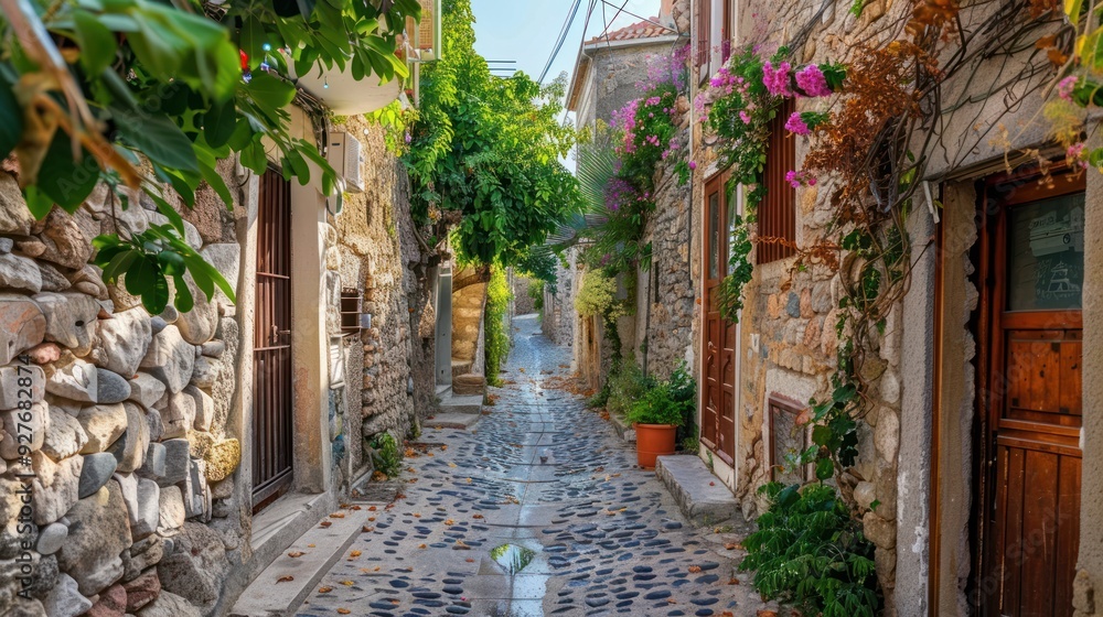 Fototapeta premium Charming Stone-paved Alleyway in a European Village