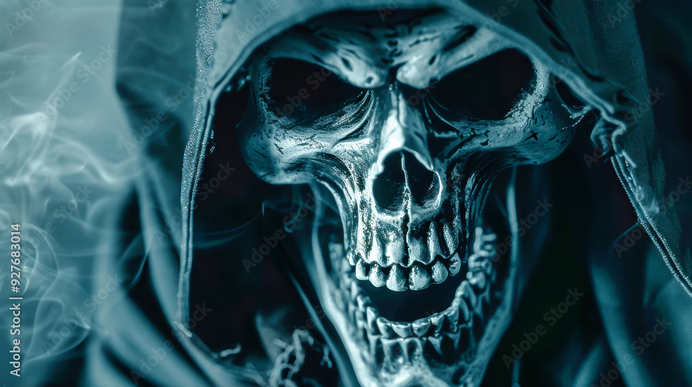 A chilling reaper with a skull face and open mouth captures attention, embodying the essence of Halloween with its dark, ghostly presence A chilling reaper with a skull face and open mouth captures attention, embodying the essence of Halloween with its dark, ghostly presence